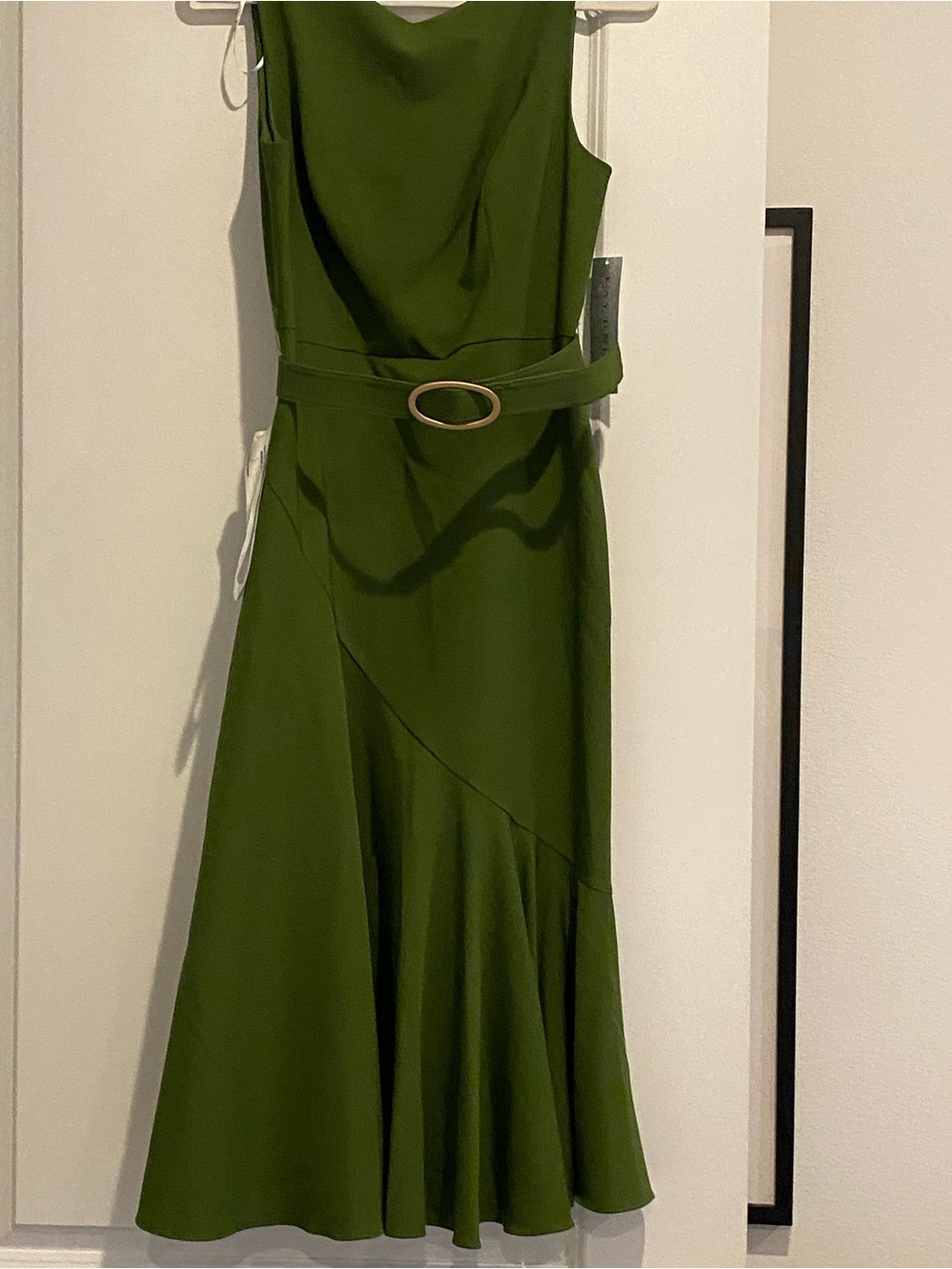 Kay Unger Olive Green Sleeveless Midi Dress with Belt